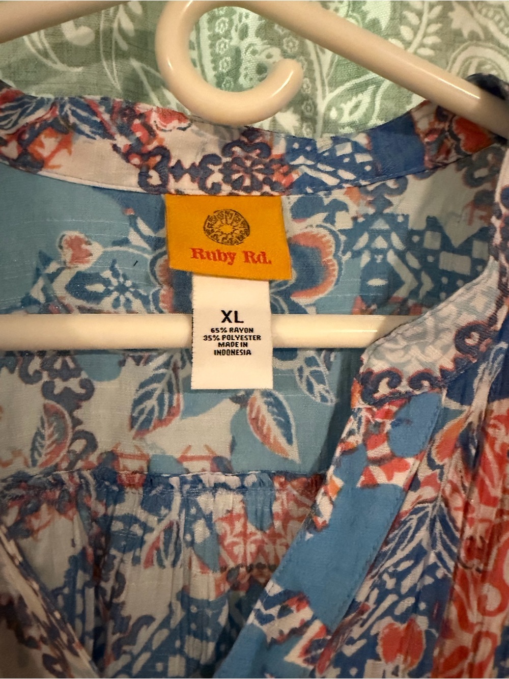 Ruby Rd. Blue and Coral Floral Patchwork V-Neck Blouse - Picture 2 of 4